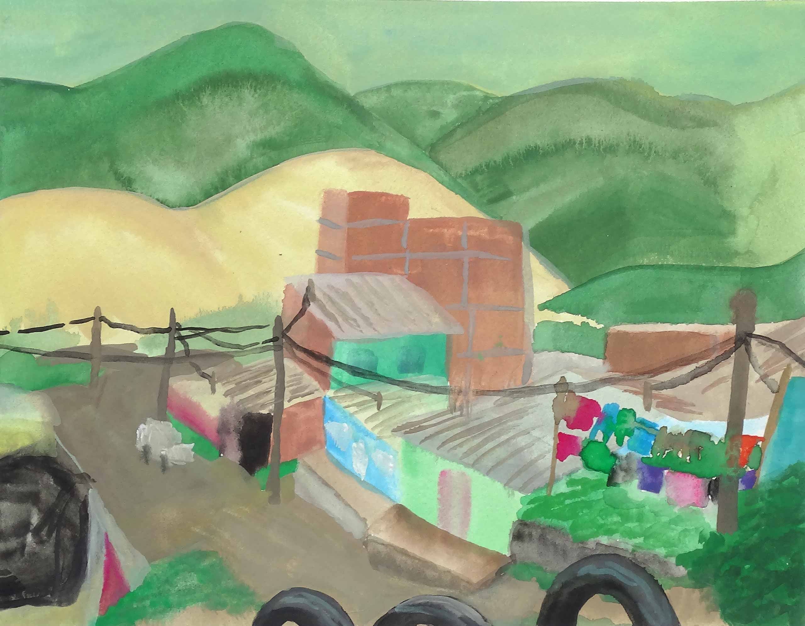 A piece of art showing an informal house with a small plot of land