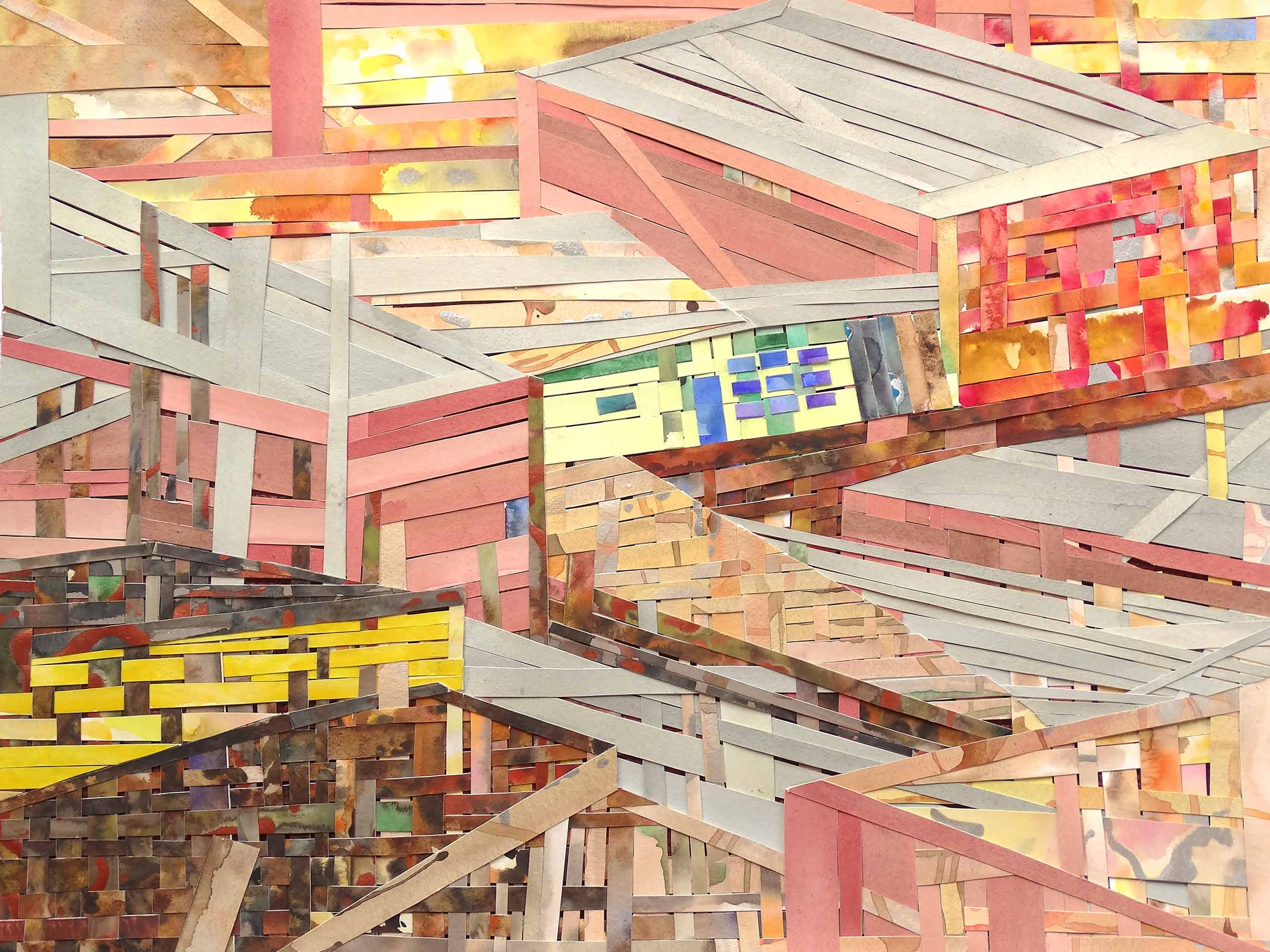 Collage de madera que representa los coloridos tejados de un asentamiento como Altos de la Florida.