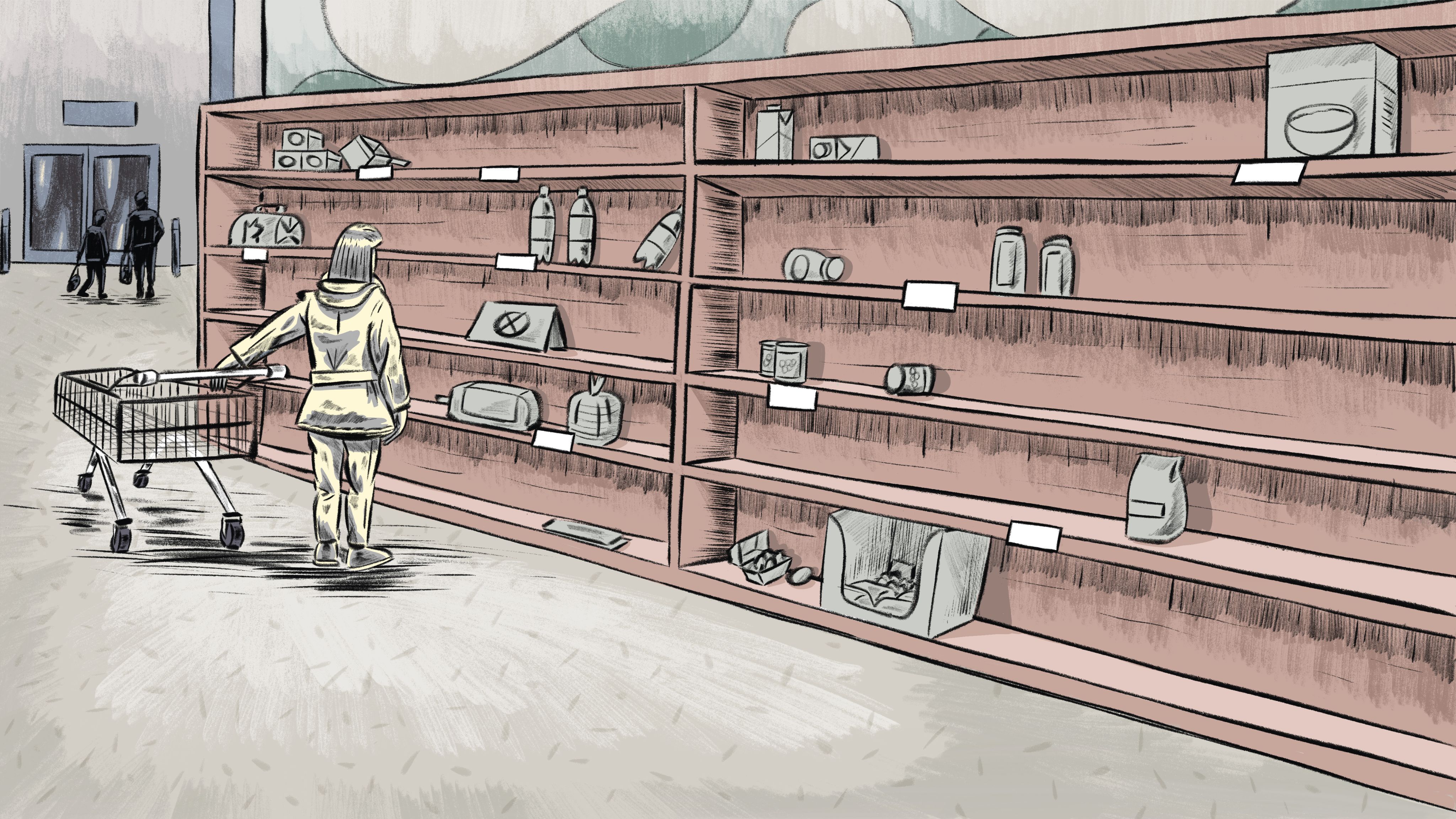 Illustration of a woman looking at nearly empty shelves in a supermarket - Artwork Produced by Oakbeam Pictures & Illustrated by Brett Jones